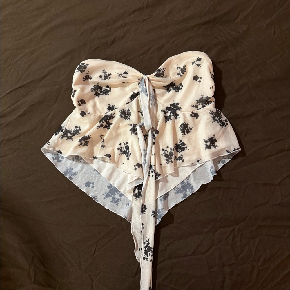 SHEIN Floral Strapless Blouse - Cream and Black